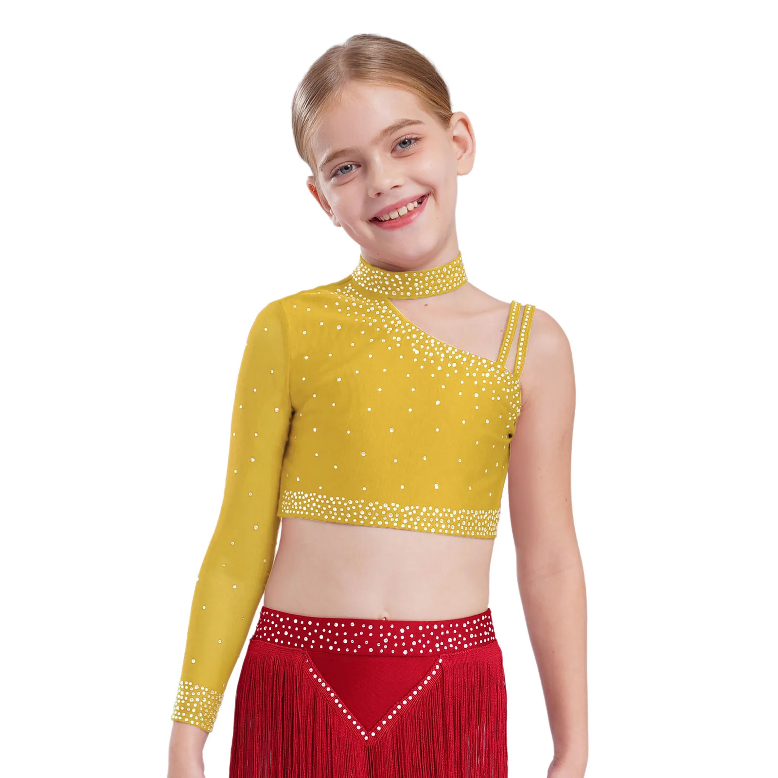 

Kids Girls Dance Tops Sparkly Single Long Sleeve Cropped Shirt Tops for Ballet Lyrical Jazz Skating Stage Performance Dancewear