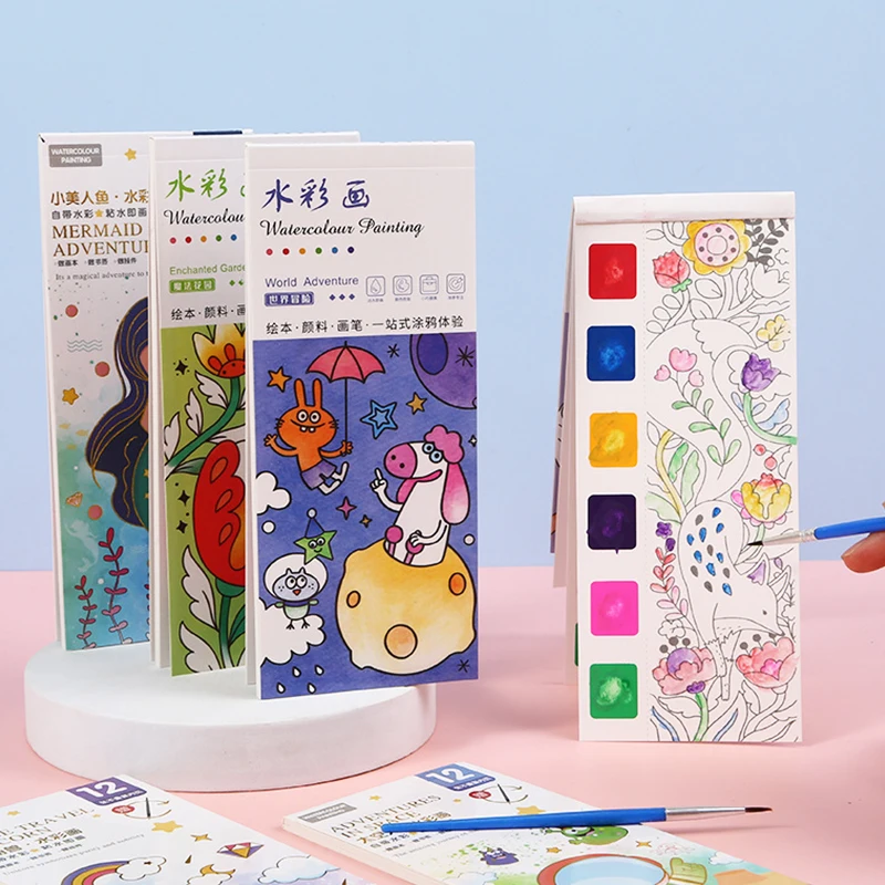 12 Sheets Portable Watercolor Graffiti Painting Book Coloring Drawing Toys Kids Birthday Party Favor Classroom Prize Reward Gift