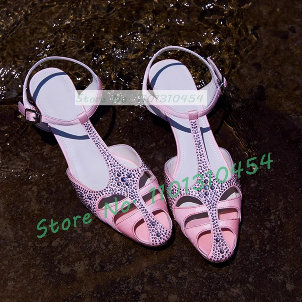 

Crystal Satin T-bar Sandals Women Luxury Thin Cross Strap Round Toe Resort Shoes Ladies Elegant High Heels Party Evening Sandals