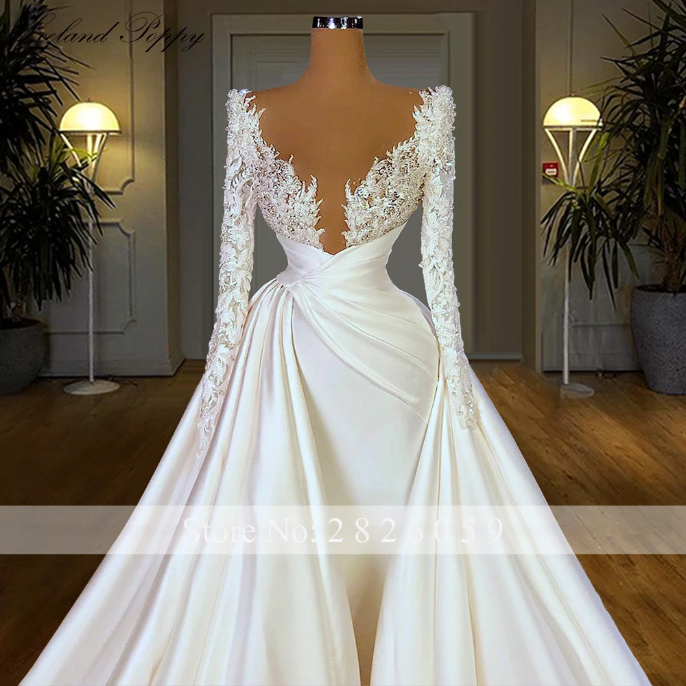 Lceland Poppy Customized Mermaid Satin Wedding Dresses Floor Length Beaded Long Sleeves Bridal Gowns with Detachable Train