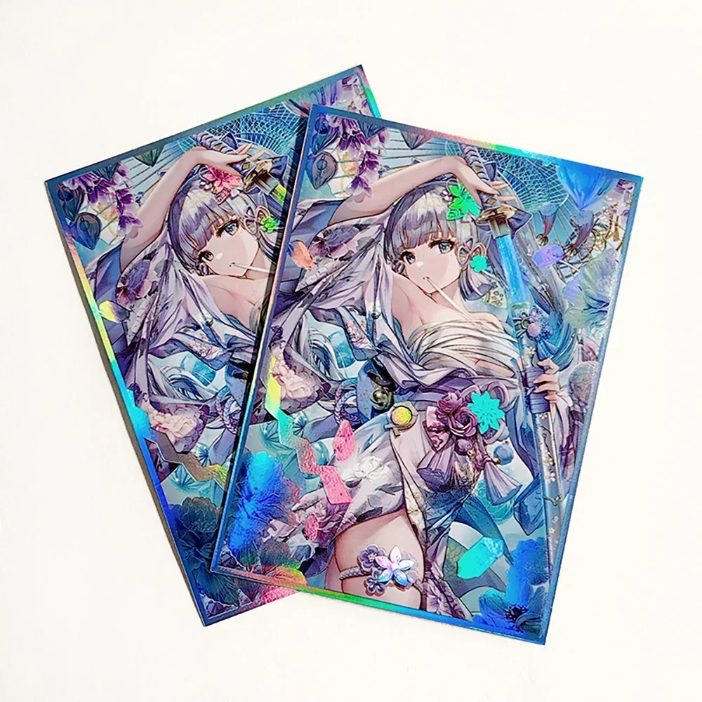 50PCS 67×92mm Holographic Flashing Anime Card Sleeves Kamisato Ayaka Top Loading Cartoon Deck Shield Card Cover for MTG/PKM/PTCG