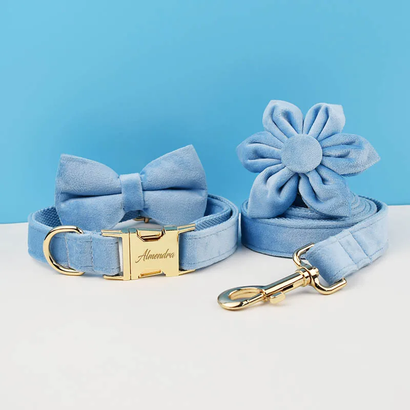 Blau Samt Hund Halsband Und Leine Set Für Small Medium Large Hunde Benutzerdefinierte Gravierte Typenschild Pet Liefert Hund Leine Velvet15