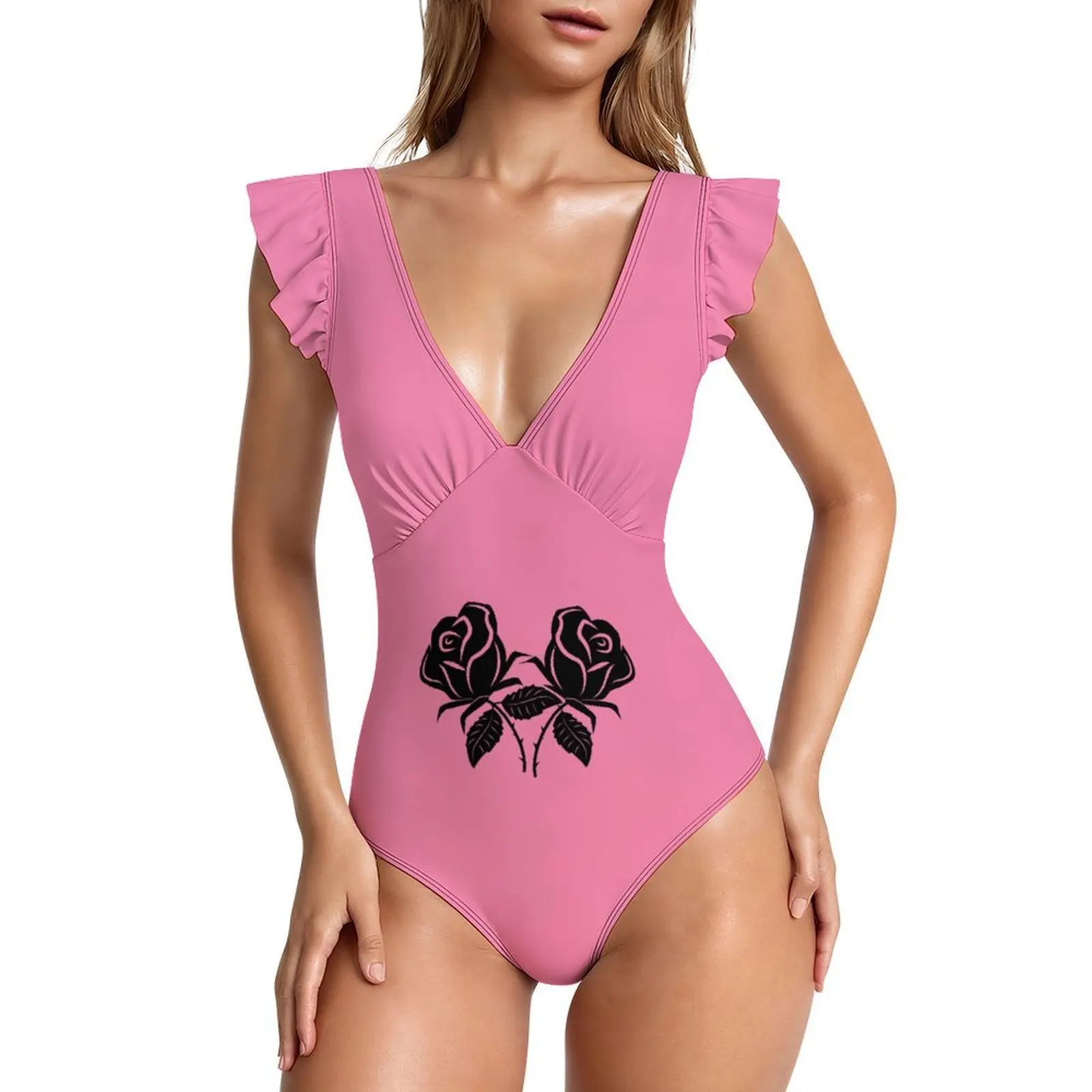 

Rose print women's one-piece swimsuit anti roll swimsuit V-neck ruffled swimsuit slim hollow swimsuit