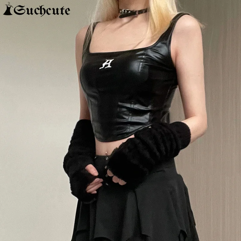 SUCHCUTE Punk Style Leather PU Crop Tops Women Dark Academia Skinny Sleeveless Tank Top Fairycore Streetwear Clothes Summer 2024