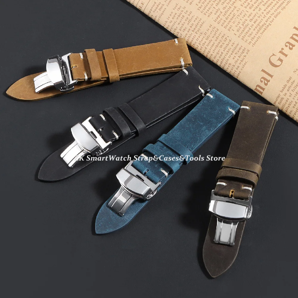 Retro Leather Watch Strap 18mm 20mm 22mm 24mm Watch Band Waterproof Watchdives Bracelet for Men Watch Accessories Wristband Belt