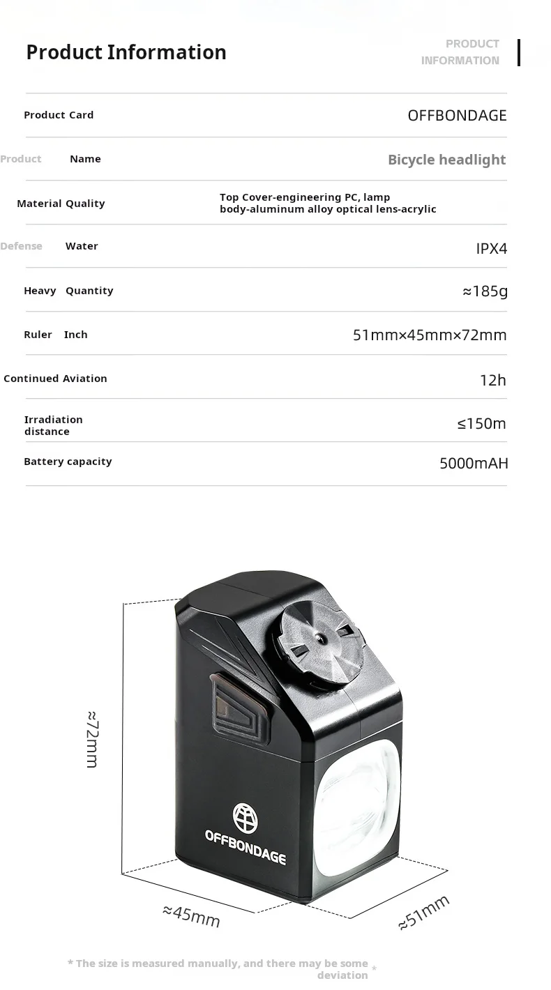 OFFBONDAGE 1000LM Bike Light Front Lamp TypeC Rechargeable LED 5000mAh Bicycle Light Waterproof Headlight Bike Accessories