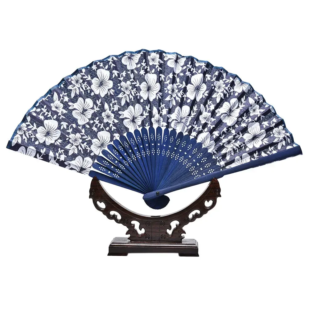 Chinese Style Blue Fabric Hand Folding Fan Cool Summer Classical Flower Design Wedding Party Favor Decor Batik Blue Flower Fan