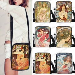 Oil Painting By Alphonse Mucha Zipper Messenger Bags Women Men Crossbody Bag Phone ID Card Key Handbag Kids Book Bags Gift