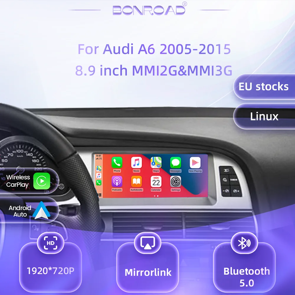 BONROAD 8.9 '1920*720 Autoradio con schermo touchscreen, Linux, CarPlay wireless, Android Auto, mirroring, Airplay, Autolink per Audi A6 2005-2015, navigazione GPS, display, lettore multimediale,
