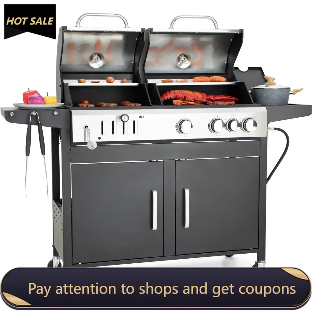 

Propane Gas Grill and Charcoal Grill Combo With Side Burner & Porcelain-Enameled Cast Iron Grate Boning Knife Cookware Bbq Tools