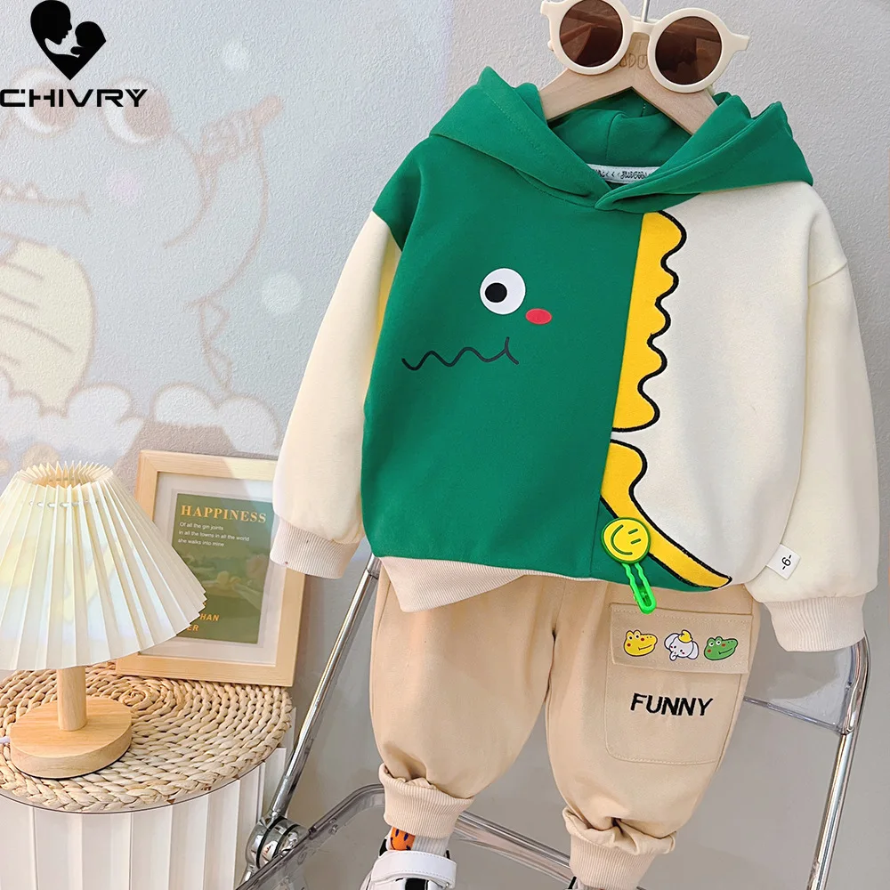 New Baby Boys Spring Autumn Fashion Cartoon Animal Patchwork Hooded Hoodies Sweatshirt with Pants Kids Casual Clothing Sets