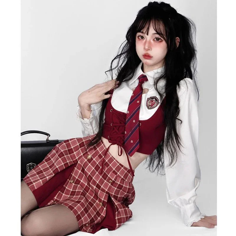 Britse Student Uniform College Nep Twee Shirt Jk Geplooide Mini Rok Dames Lente Herfst Club Outfits Sexy Korte Rok Sets