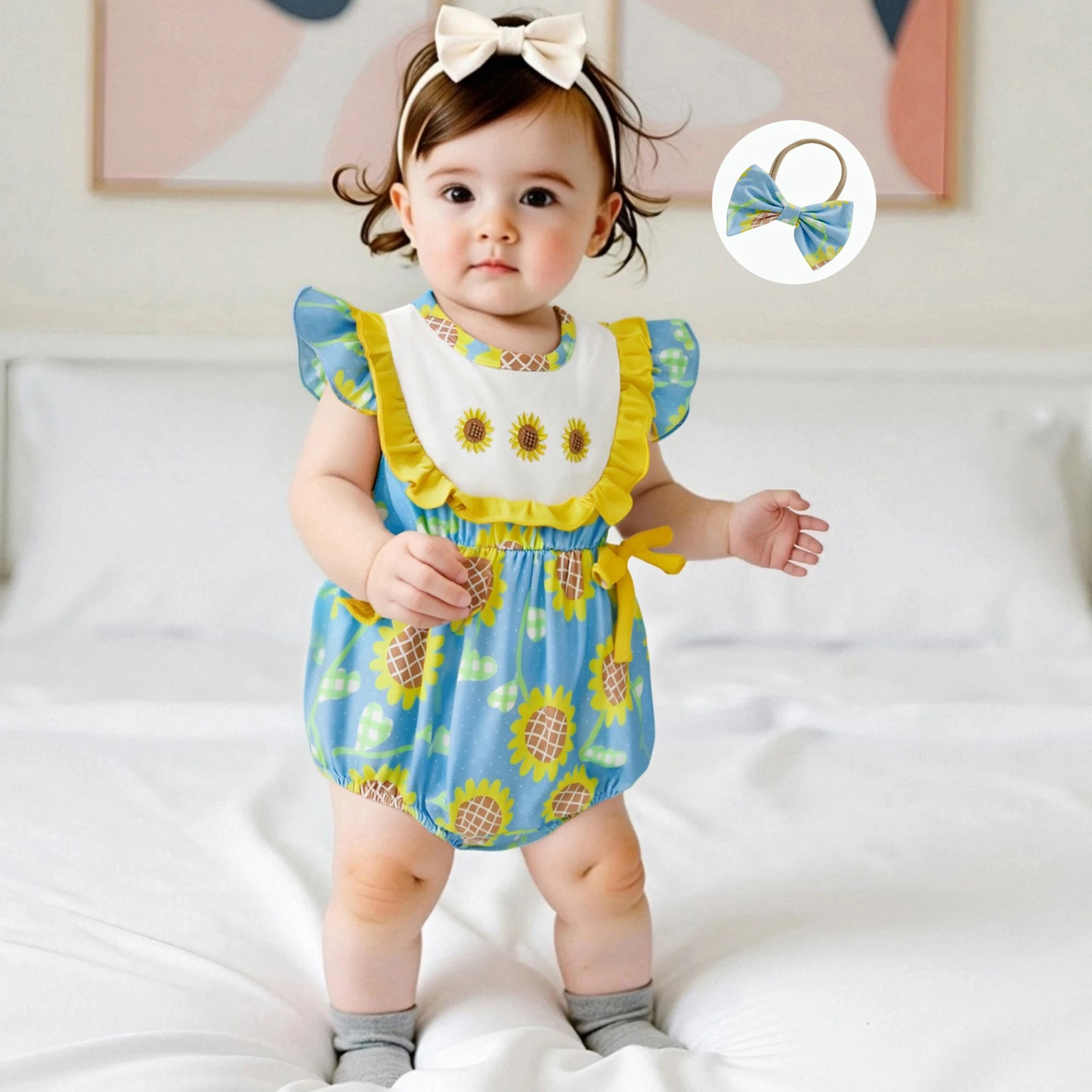 

Newborn Girl Outfit, Fly Sleeve Sunflower/Strawberry Print Romper with Bowknot Hairband Summer Clothes