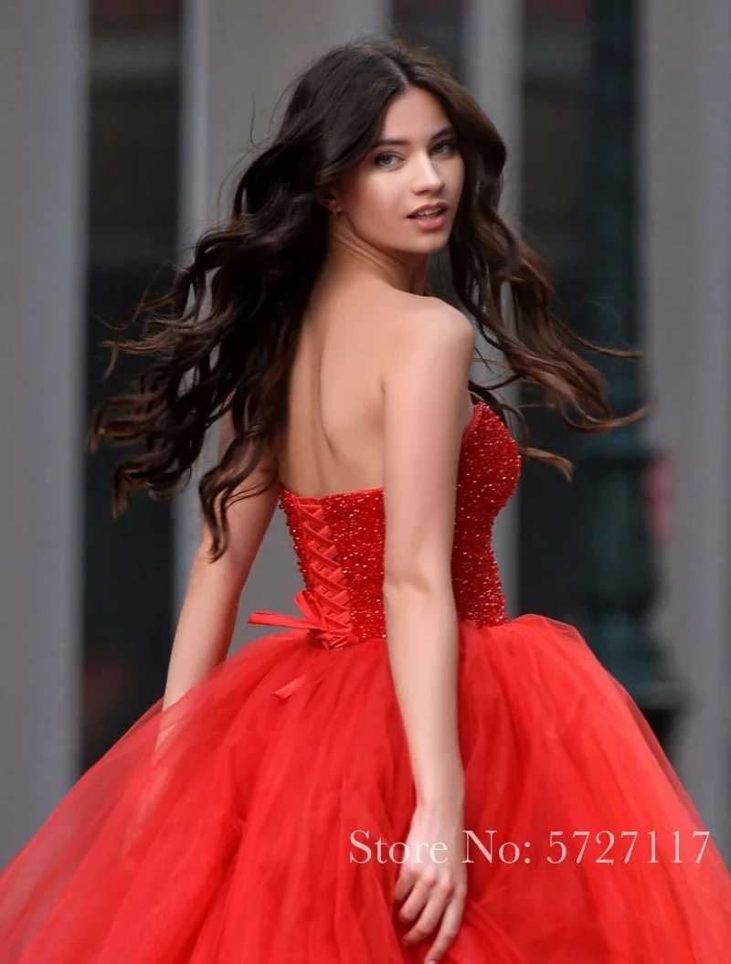 Short Front Long Back Red Prom Dresses Women Formal Party Vestidos De Gala Simple Sweetheart Beaded Tulle Red Evening Gowns