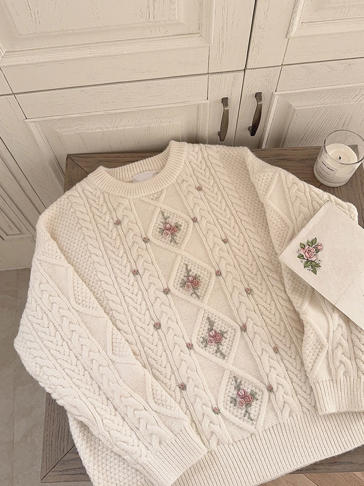 Prairie Chic Knitted Pullovers Women Autumn Winter Vintage Floral Embroidery Loose Sweaters for Sweet Girls