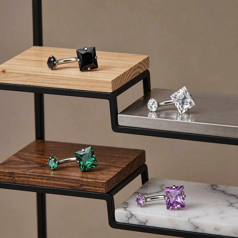 F136 Titanium Belly Button Ring for Women 14G Internal Thread Premium Square Zircon Navel Piercing Belly Ring Sexy Body Jewelry