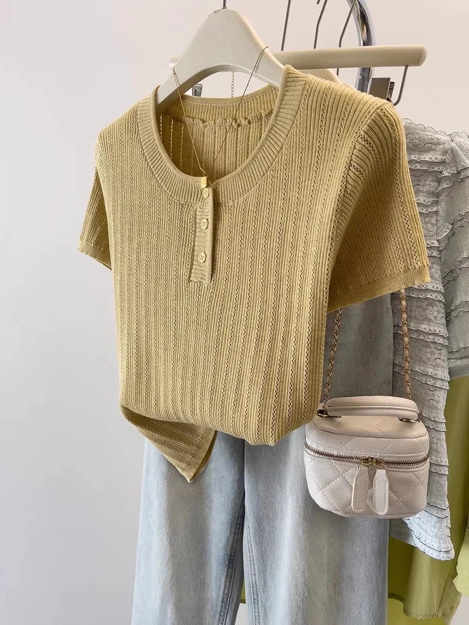 Loose Ice Silk ort Sve T-irt Women's Summer Hollow out f Open Collar Top Belly Covering Small irt Korean Sle