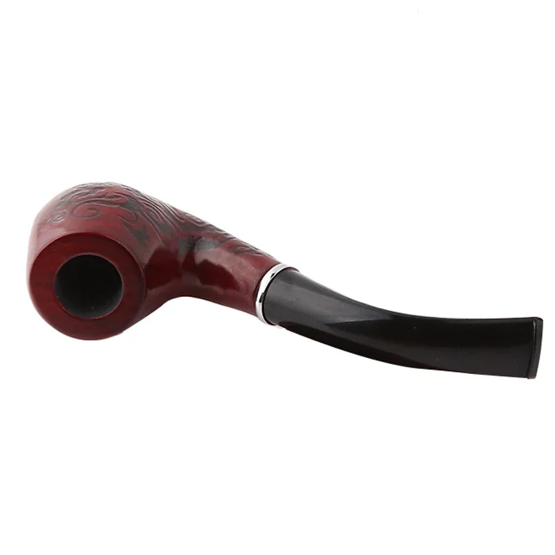 Solid Wood Resin Tobacco Pipe Red Black Pattern Carving Smoke Pipe Elbow Roll Filter Cigarette Holder Herb Grinder Smoking Tools