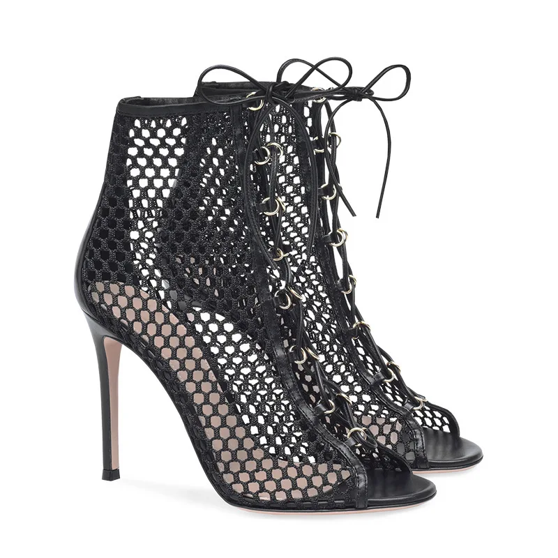 Sexy Black Patchwork Braid Fishnet Mesh Lace-Up Summer Ankle Boots Stiletto High Heels Peep Toe Sandals Boots Women
