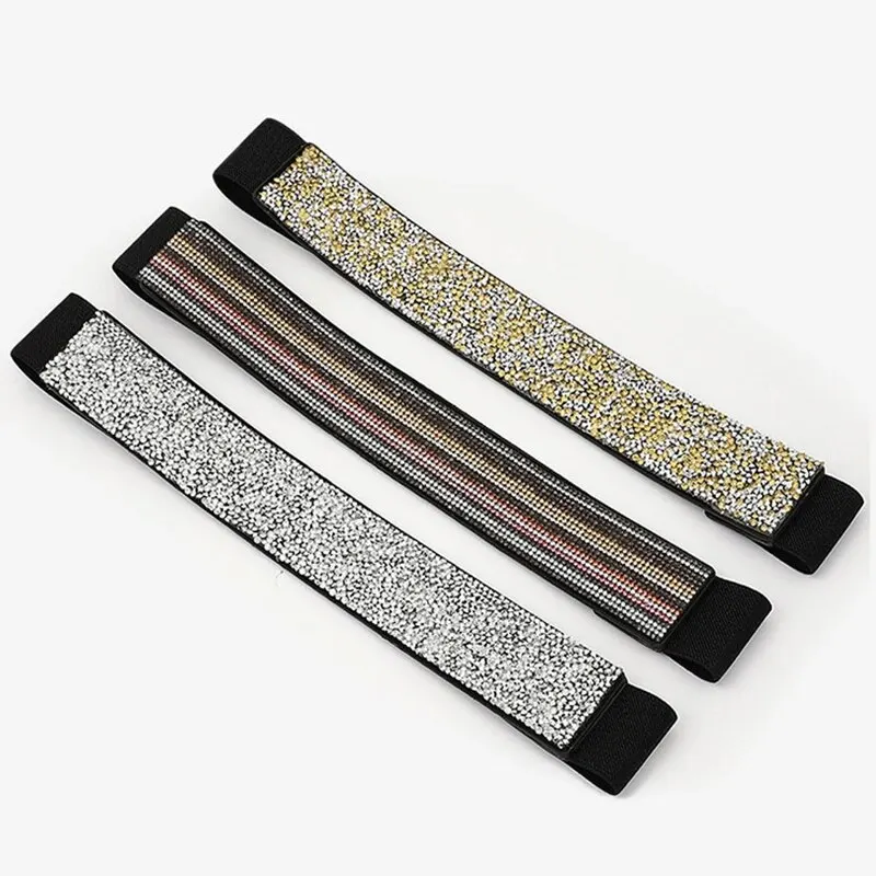 Women Belt Rhinestone Inlaid Elastic Waistband Sparkling Fashion Crystal Waist Cover Elastic Waist Closure Wide Belts With Dress