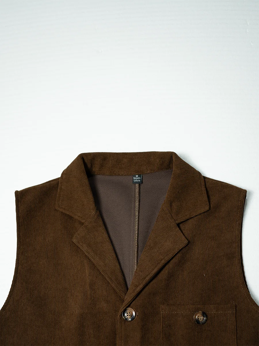 British Retro Corduroy Waistcoat for Men Lapel Collar Button Front Multi Pocket Casual Work Daily Sleeveless Vest Jacket