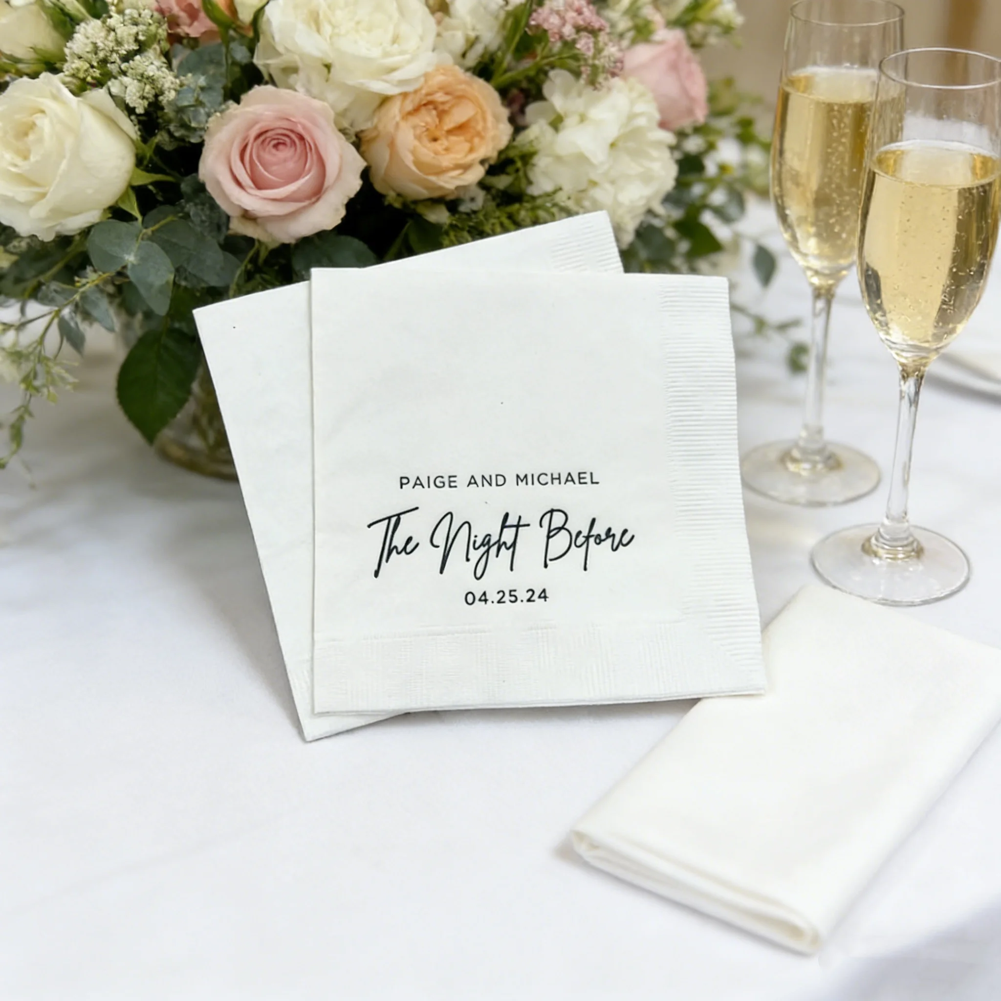 

50pcs Custom Printed Rehearsal Napkins, Foil Stamped The Night Before Beverage Dinner Guest Towels for Wedding Party