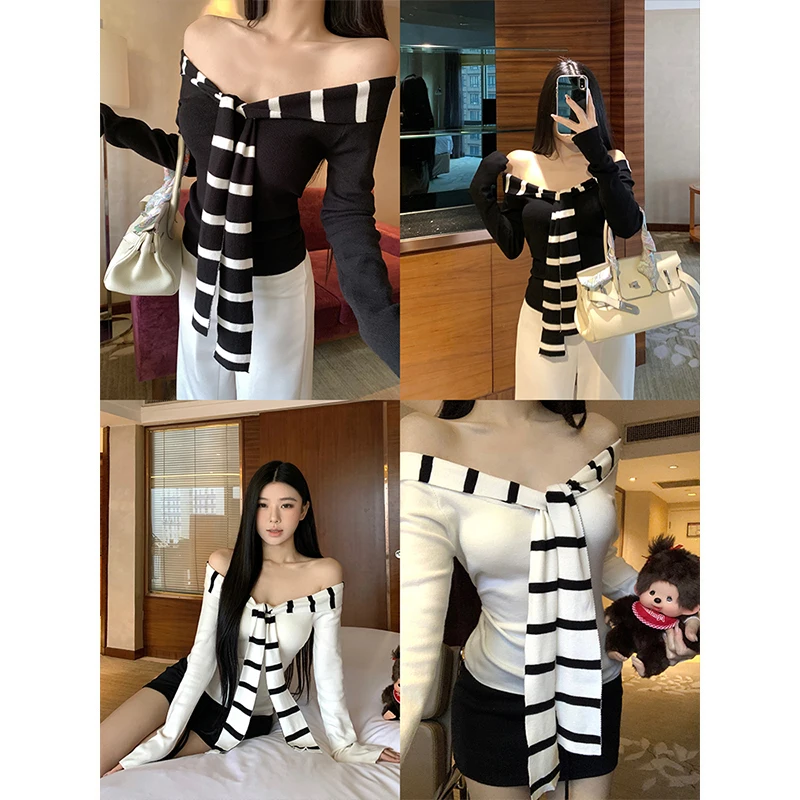 

Осень-зима, облегающий длинный вязаный топ све, женский базовый слой, дизайн на одно плечо, в полоску, матросский воротник