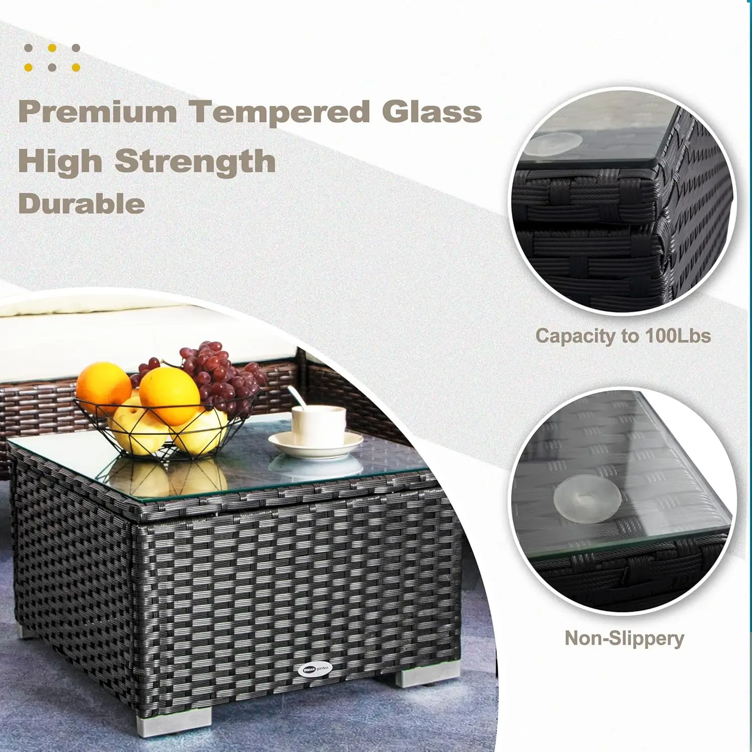 Outdoor Coffee Table Wicker Patio Side Table With Glass Top,19.7In Black