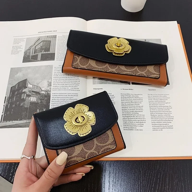 New Large Capacity Women's Wallets Metal Flower Rivets Long/Short Coin Purse Folding Leather Multi-function Card Bag Handbag