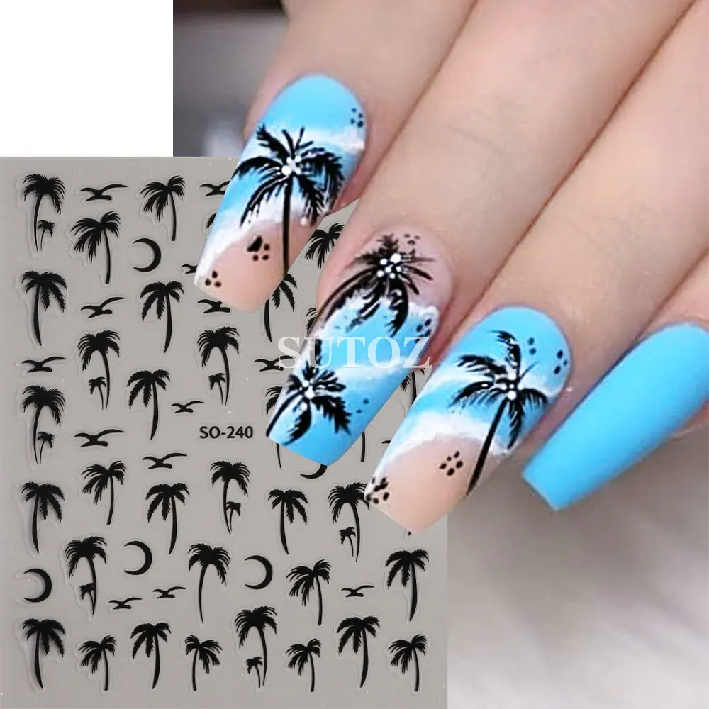 3D Black Palm Tree Nail Art Stickers Gold Coconut Tree Moon Decals Bird Beach Theme Nail Sliders Charms Manicure Decors NLSO-240