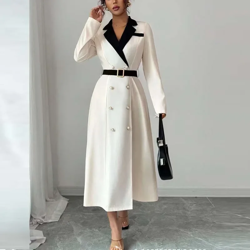 가을 겨울 허리 위 정장 파티 드레스 롱 드레스 우아하고 섹시한 딥 V 롱 드레스 버튼 스타일 오피스 여성 드레스 신상품