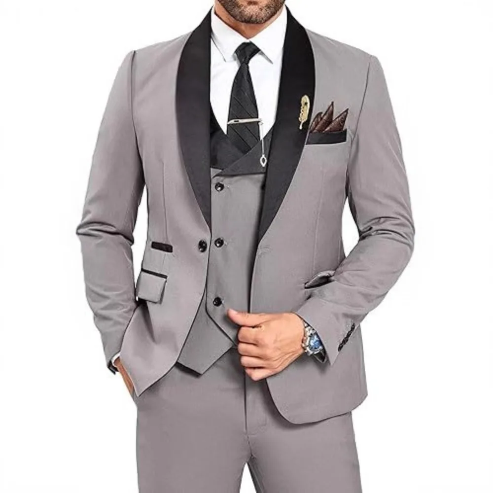 

Men's Slim Fit 3 Piece Gray Tuxedo Velvet Lapel Wedding Groom
