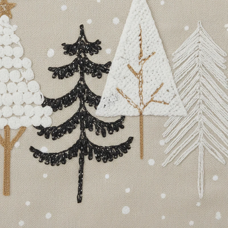 

Beige Brown Christmas Table Runner Winter Forest Design Pine Trees Snowflakes Stars Holiday Table Decoration Linen