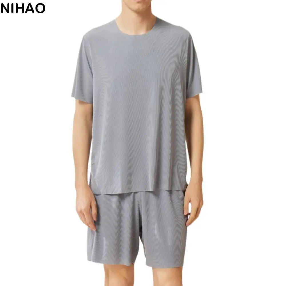 

Solid Color Seamless Short Sleeve Sleepwear Suit Simple Loose Men Summer Pajamas Ice Silk Home Wear 2Piece Nightwear Set Women