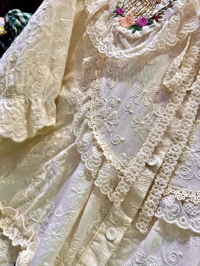 Women Summer Vintage Cotton Ruffled Lace Embroidery White Shirt 2024 Victorian Rococo Retro Shabby Chic Cottage Core Blouse Tops