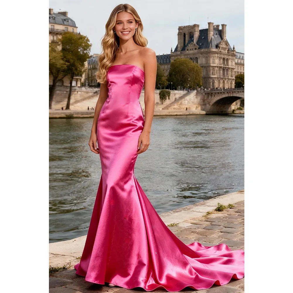 

Customized Simple Mother of the Birde Dresses Hot Pink Women Mermaid Formal Evening Dress Party Strapless Satin Prom Gowns 2026