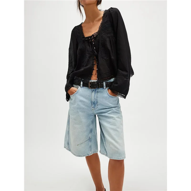 

ABRT-Women Tie Front Long Sleeve Top Lace Trim Button Shirt Square Neck Loose Blouse Going Out Y2k Clothes