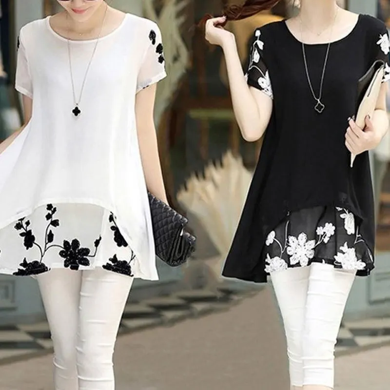 Casual Stylish Floral Embroidery T-shirt Summer Short Sleeve Loose Female Clothing Patchwork All-match Korean O-Neck Pullovers