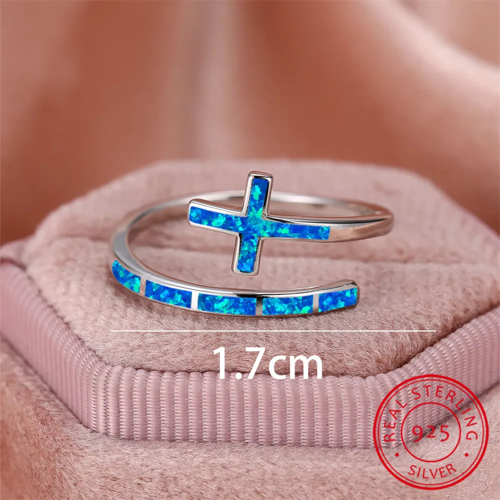 Classic Cross Blue Fire Opal Opening Rings For Women Real 925 Sterling Silver Wedding Band Jewelry