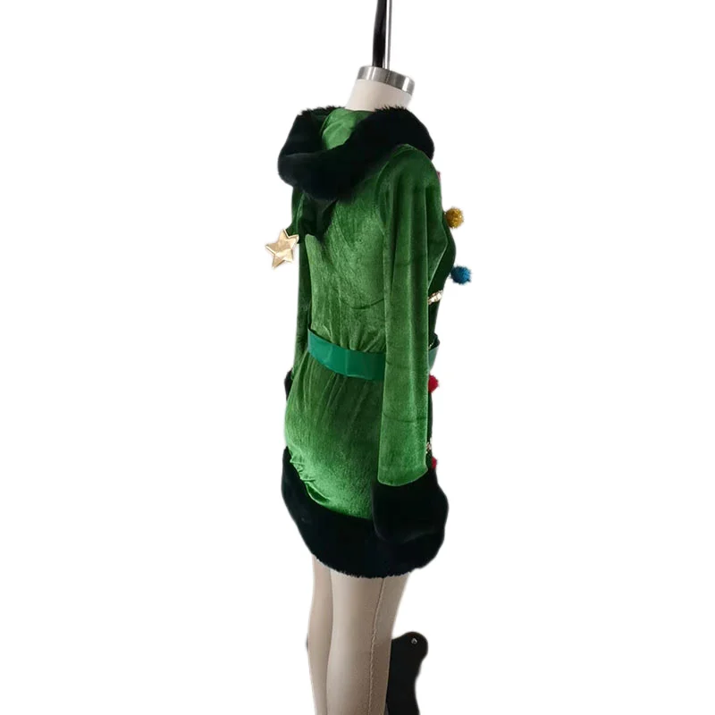 Women Christmas Tree Green Dress Adult Hooded Sequin Fancy Costume with Belt Pom-pom Christmas Costumes Halloween Carnival Party