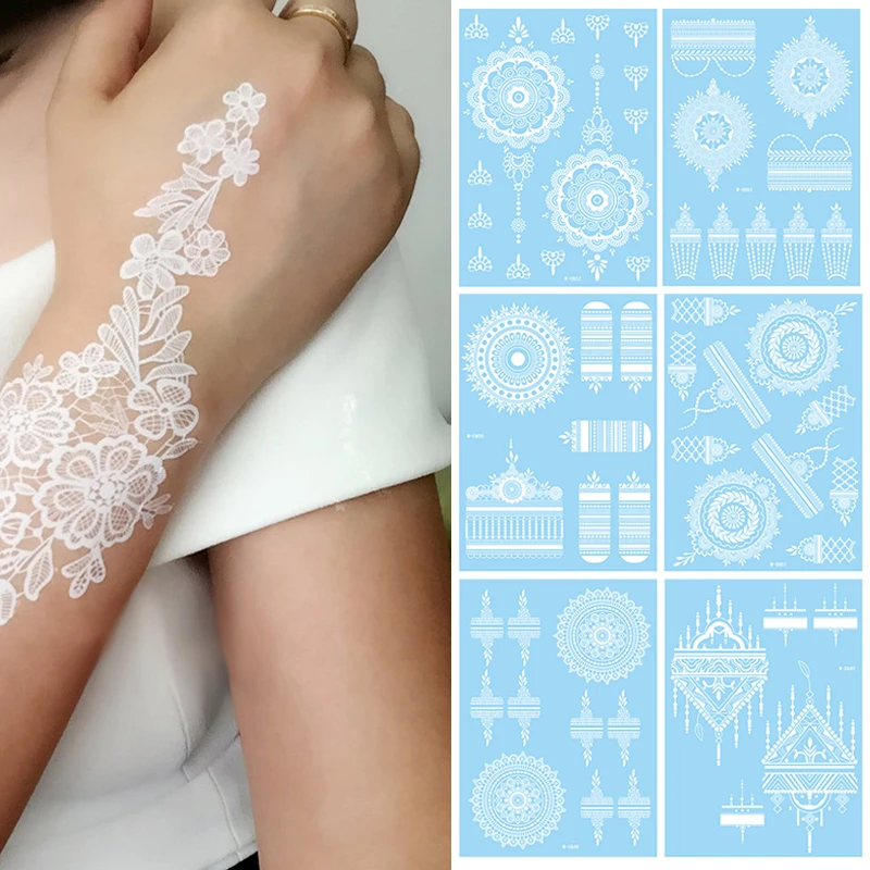 Hanna Lace Tattoo Sticker White Silk Printing Waterproof Disposable Tattoo For Arm Sexy Bracelet Water Transfer Tattoo Lace