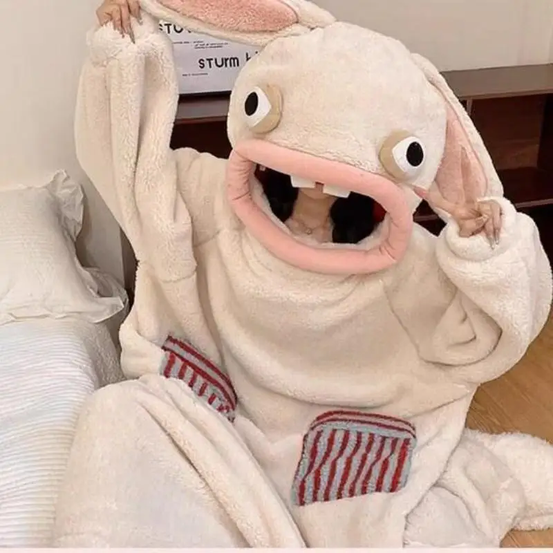 Rabbit Cosplay  Anime Flannel Jumpsuit Adult Long Sleeve Long Pants Hooded Warm Cute Cartoon Style Homewear Soft Sleepwear Gift image 4