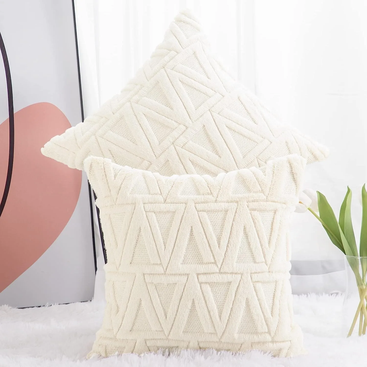 

Inyahome Pack of 2 White Throw Pillow Covers Luxury Style Cushion Covers for Sofa Bedroom Polygon Pattern Square Pillow Covers