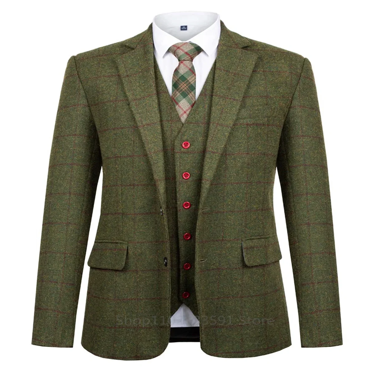 Green Woolen Plaid Men Suits Slim Fit Wedding Groom Tuxedo Notch Lapel Business Party 3 Piece Set Costume Homme Jacket Vest Pant