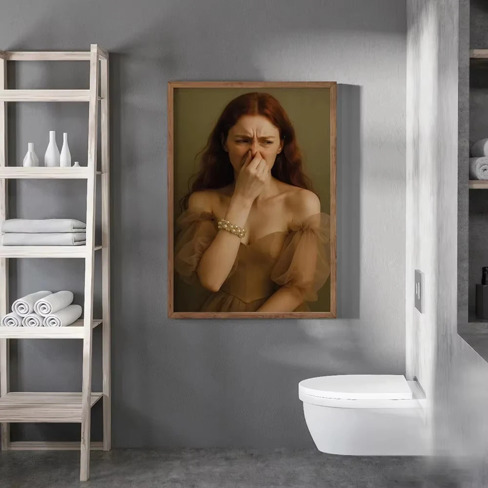 Funny Bathroom Girl with Pearl Canvas Wall Art Vintage Poster And Prints Mona Lisa Holding Nose Toilet Humor Decor Painting