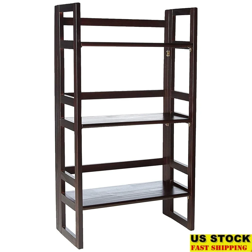 

Folding Student Bookcase 3-Shelf Solid Wood Espresso Finish Portable Storage Ideal Bedroom Dorm Room Home Office
