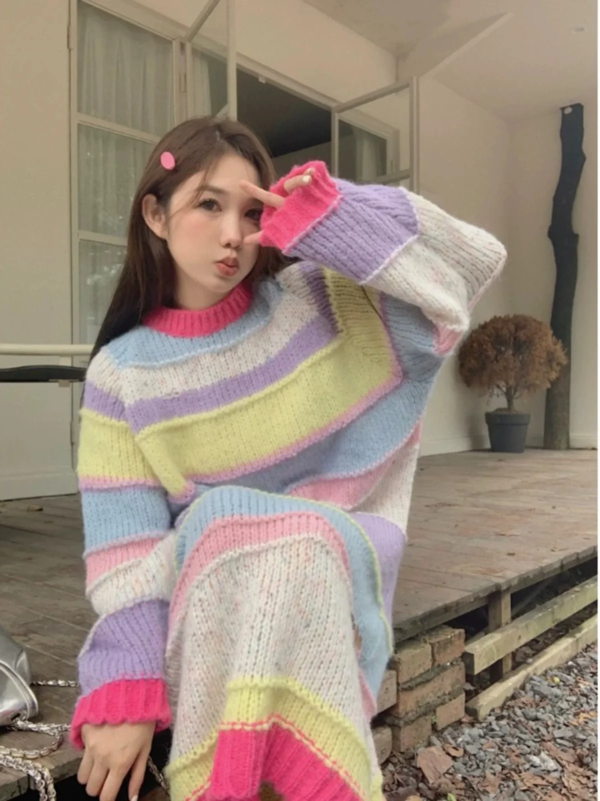 

Rainbow Stripes Knitted Dr Women's Spring Autumn Loose A-Line Midi Skirt Comfortable Lazy Sle Faionable Casual Dr