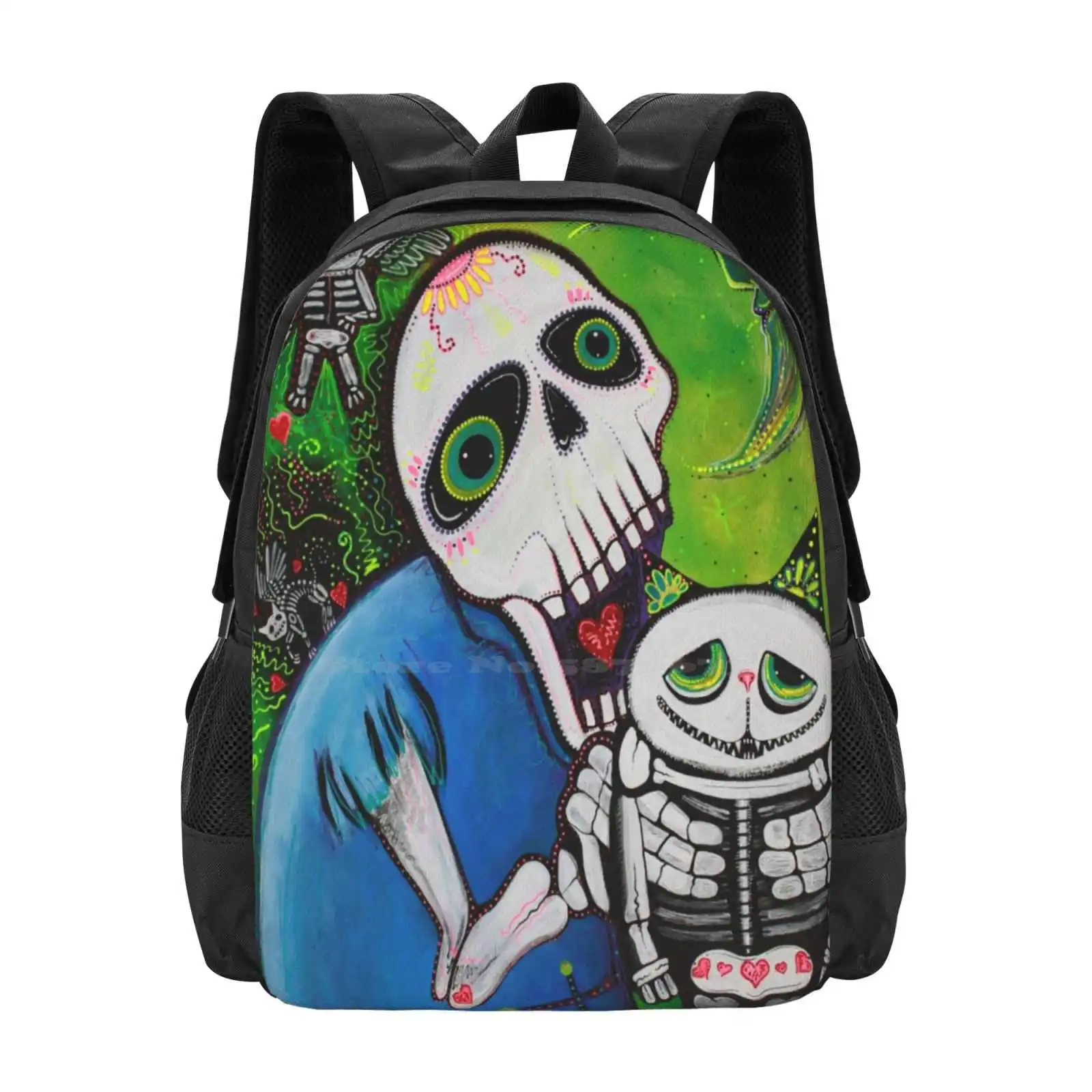 

Sugar Cat Guardians Hot Sale Schoolbag Backpack Fashion Bags Sugar Skulls Skull Art Mexico Mexican Folk Art Original Green Moon