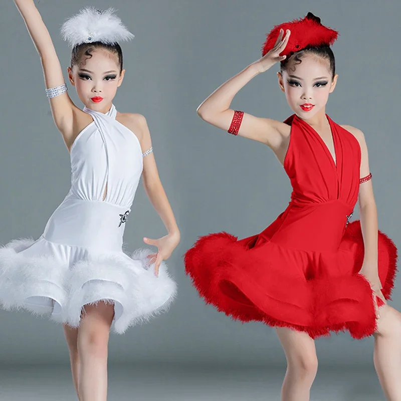 White Fur Latin Dress Ballroom Competition Clothes Dresses Kids Chacha Salsa Dresses Girls Professional Latin Dance Dress