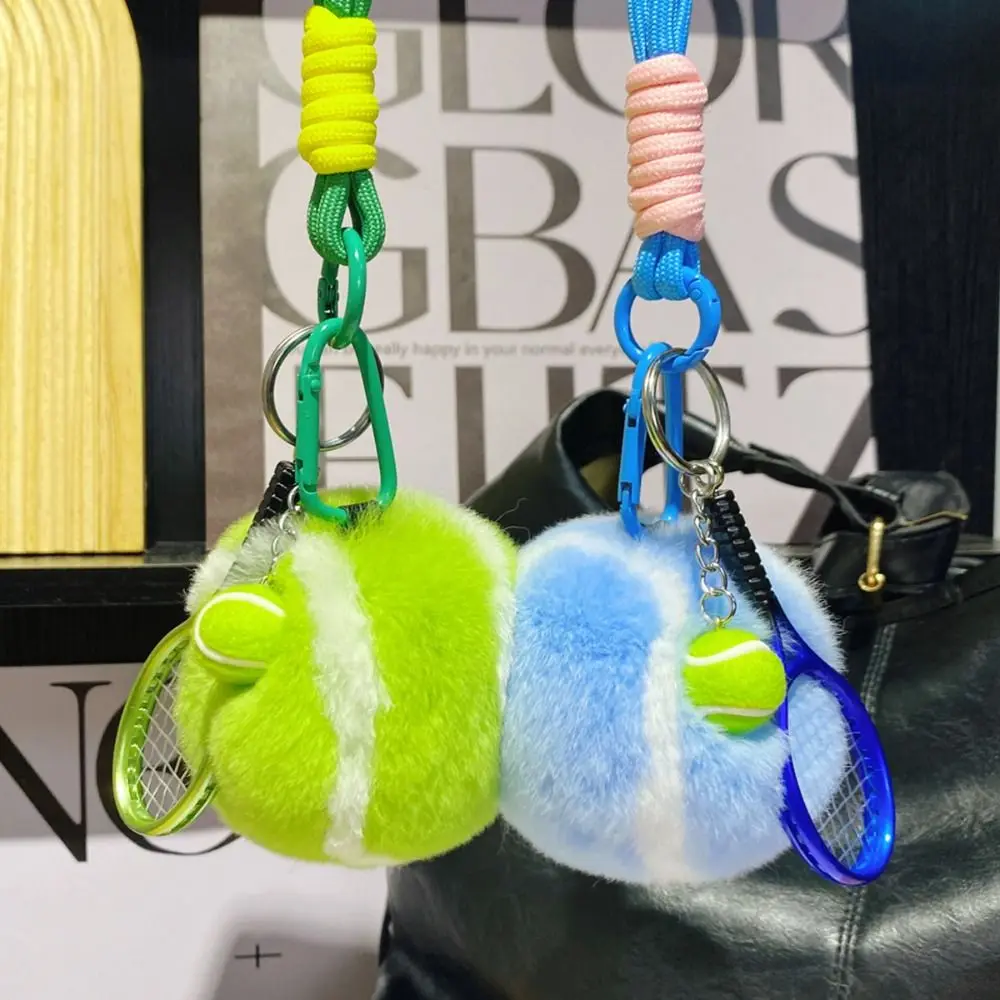 Porte-clés en peluche balle de tennis, pendentif anti-perte, porte-clés en fourrure de lapin, bijoux de dessin animé, sac à dos